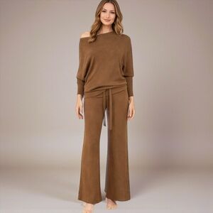 Women’s Coffee Ribbed Knit Off-Shoulder Pant Set
